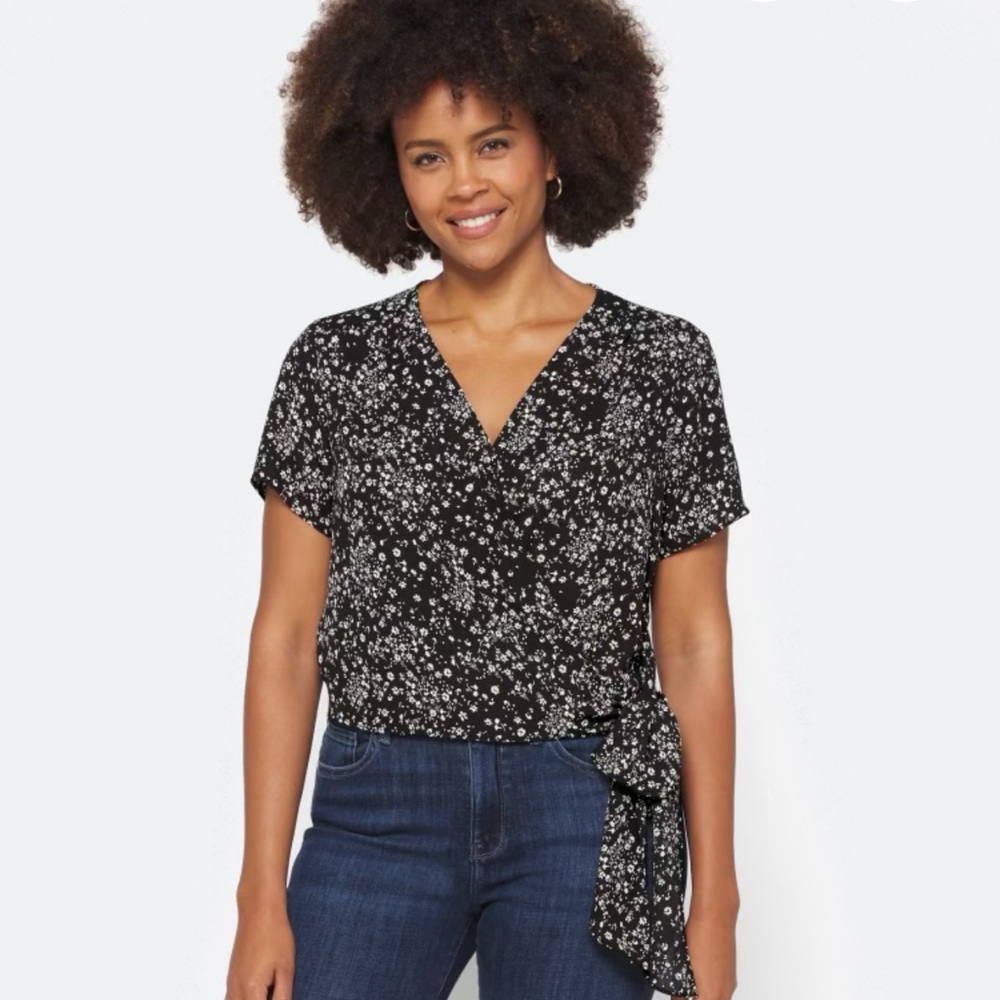 Lush Black and White Floral Tie-Front Blouse